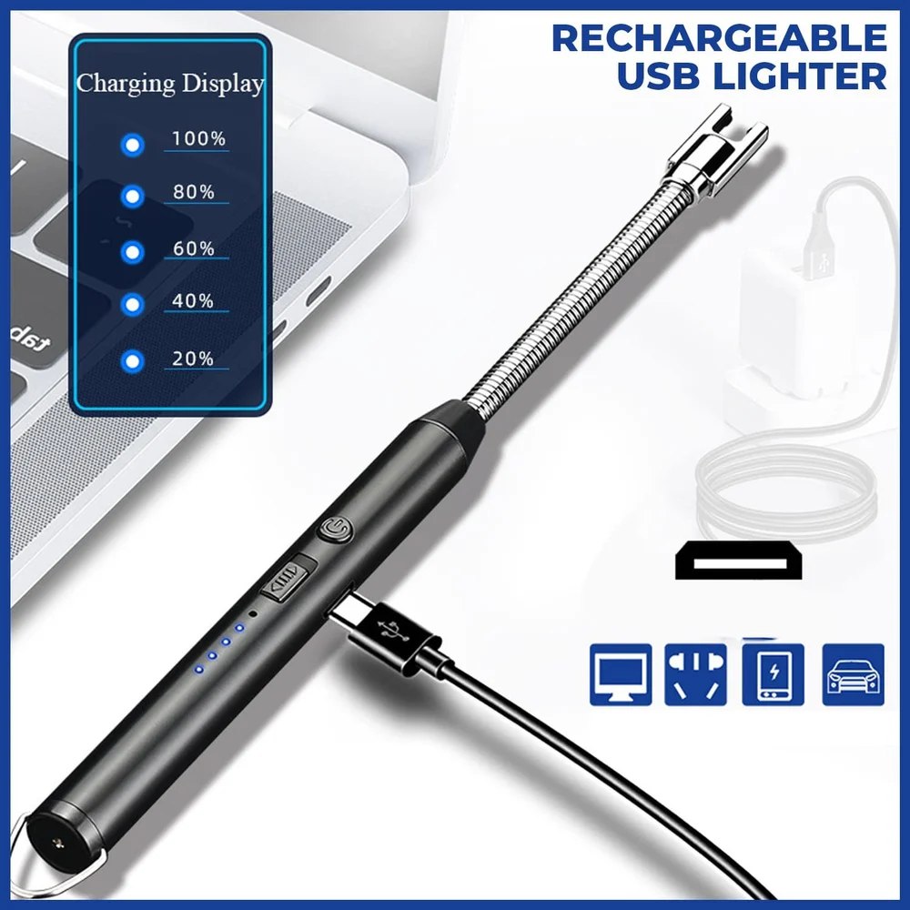 Rechargeable USB lighter with charging display and icons on a white background