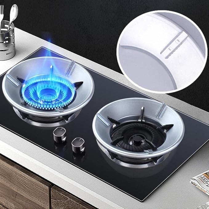 Gas stove with two burners on a kitchen counter, showing close-up details.