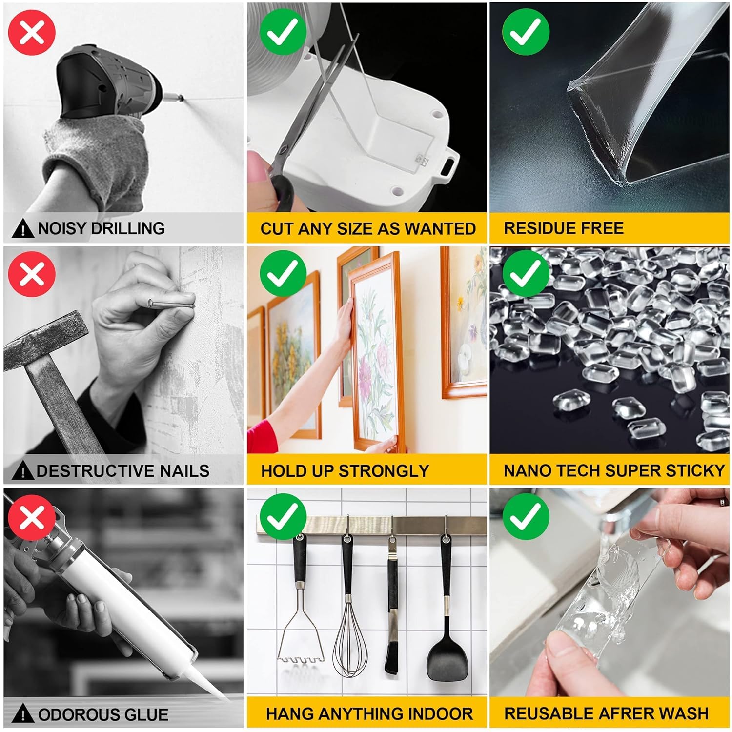 Collage of a product's features with checkmarks and crosses indicating pros and cons.