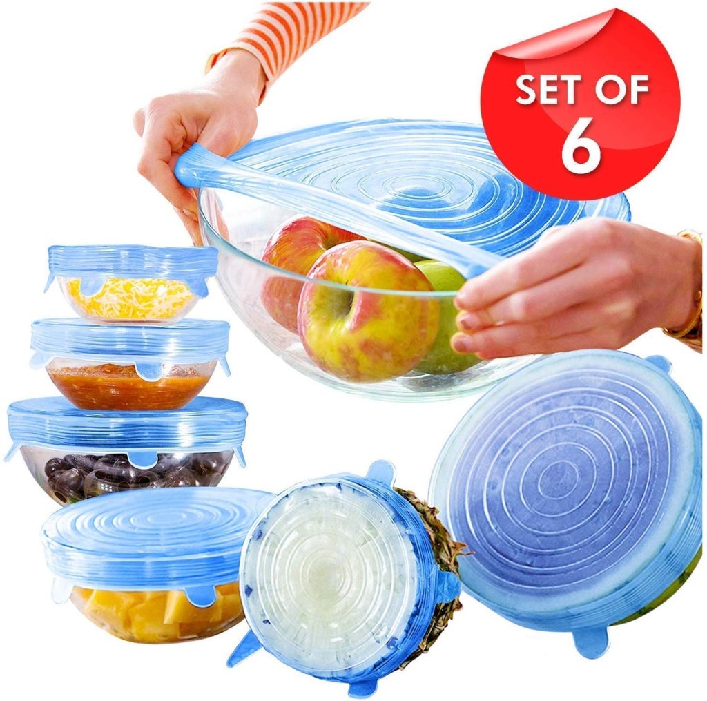 6 Pcs silicone lid covers sealing bowls and pots, highlighting different sizes.