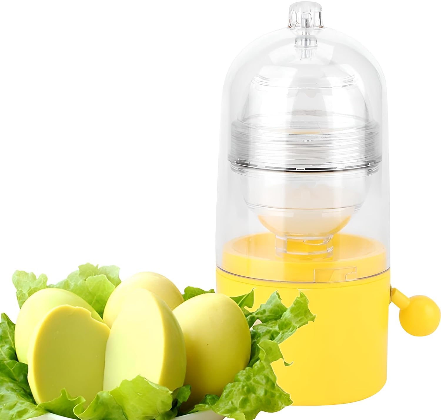 Yellow juicer with apples and lettuce on a white background