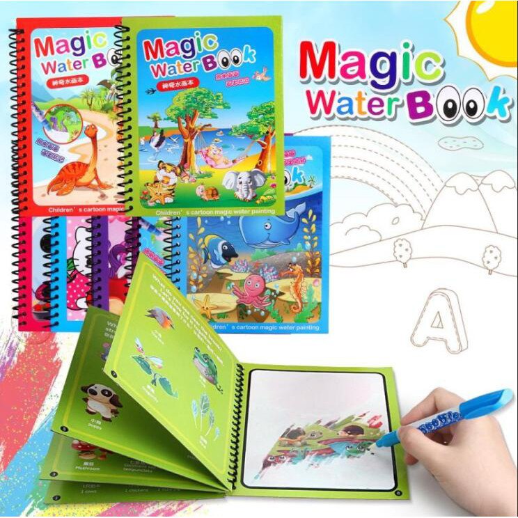 Kids Magic Water Book open, displaying vibrant, reusable water-activated coloring pages for toddlers & preschoolers.