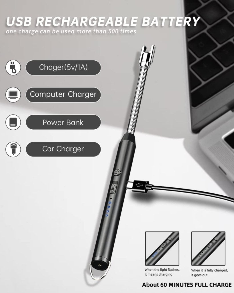 USB rechargeable battery pen with charging options on a white background