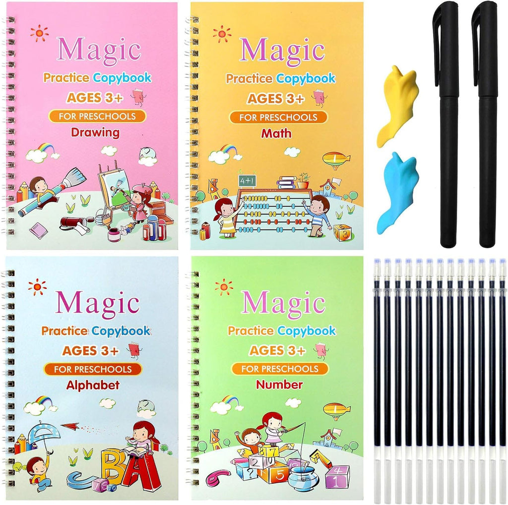 Kids' Magic Practice Book set: 4 reusable books with 10 disappearing ink pen refills.
