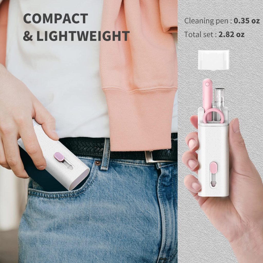 Small cleaning pen with pink accents held by a hand, next to text indicating its compact and lightweight design.