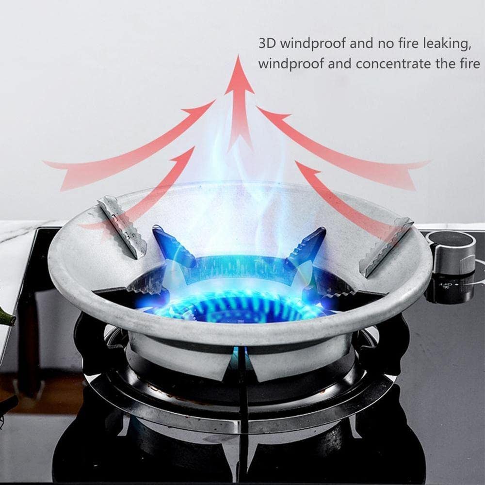 Gas stove with blue flame and text highlighting windproof properties on a white background