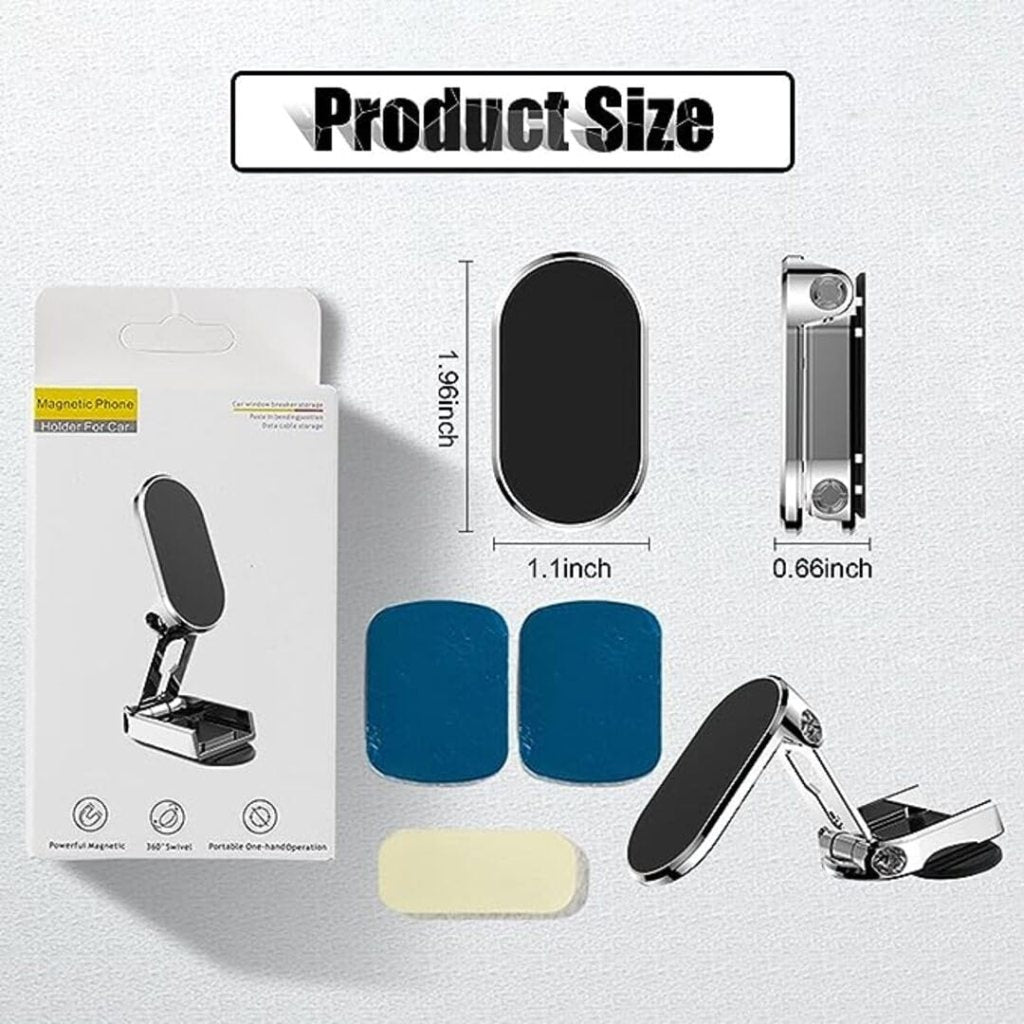 Phone stand, magnetic phone holder, and accessories with measurements on a white background