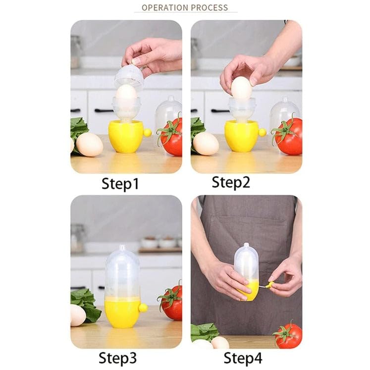 Step-by-step operation process of a kitchen tool with ingredients on a countertop.