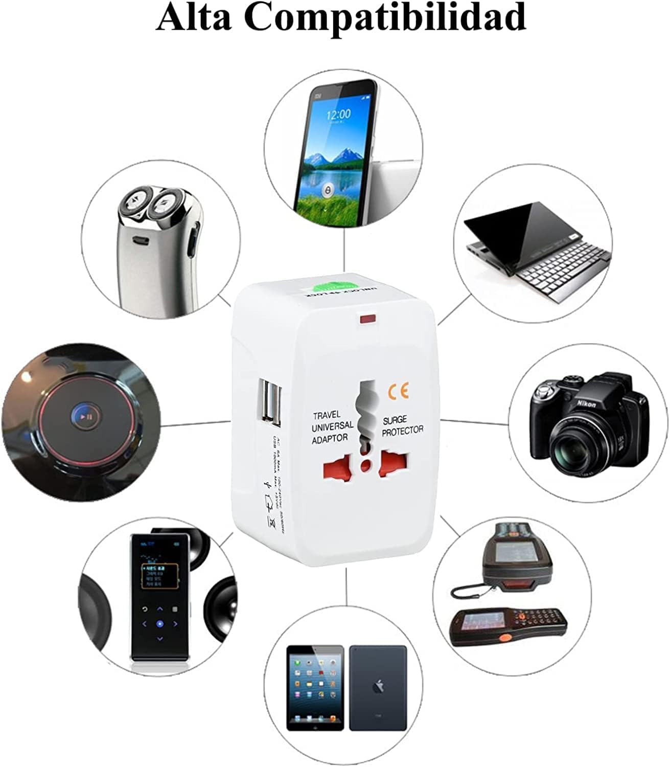Travel adapter with compatibility icons for various electronic devices on a white background