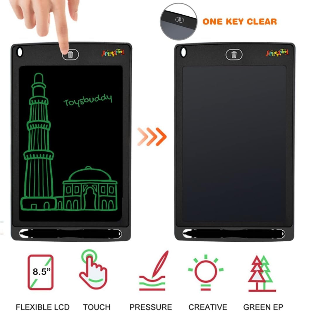 Child's hand draws on an 8.5 inch electronic LCD writing tablet with included stylus.