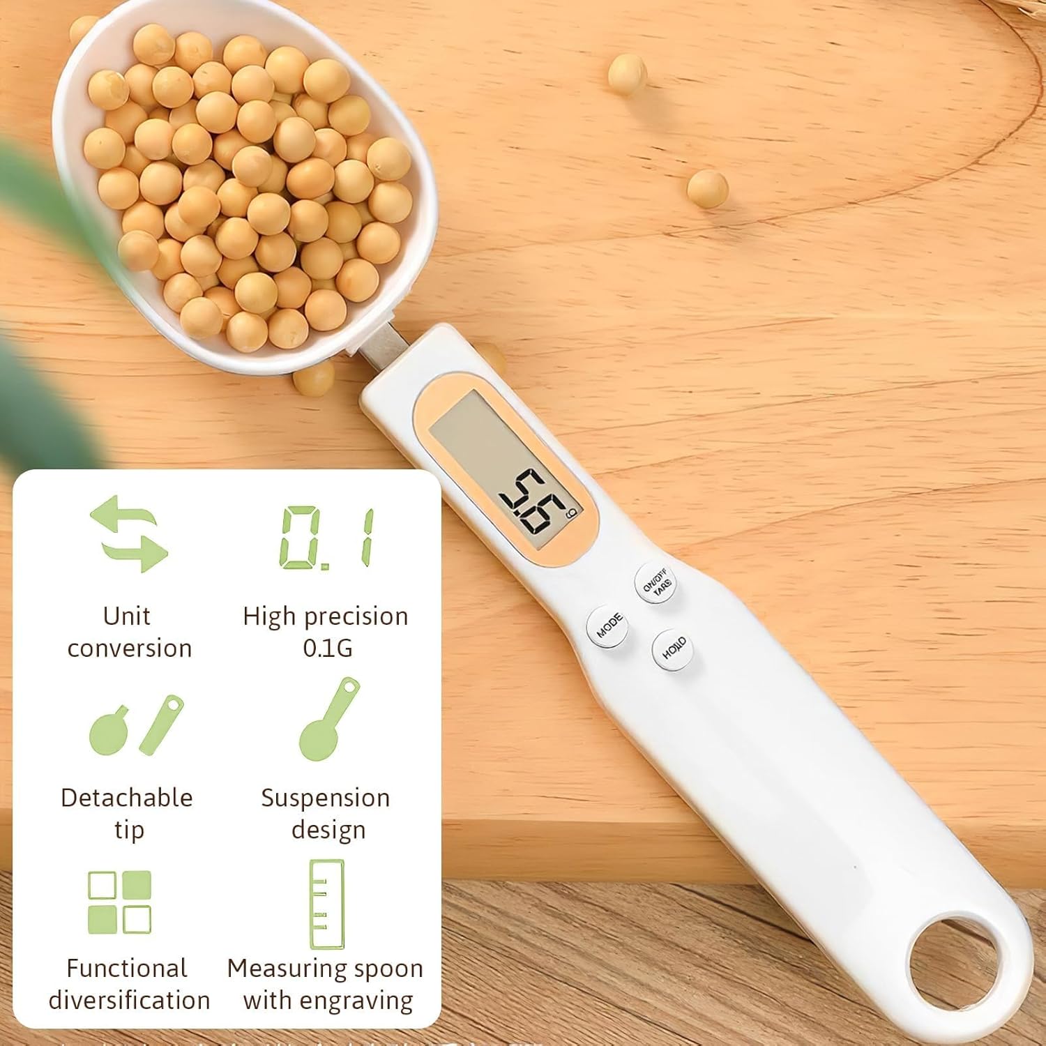 Digital measuring spoon with a bowl of soybeans on a wooden surface