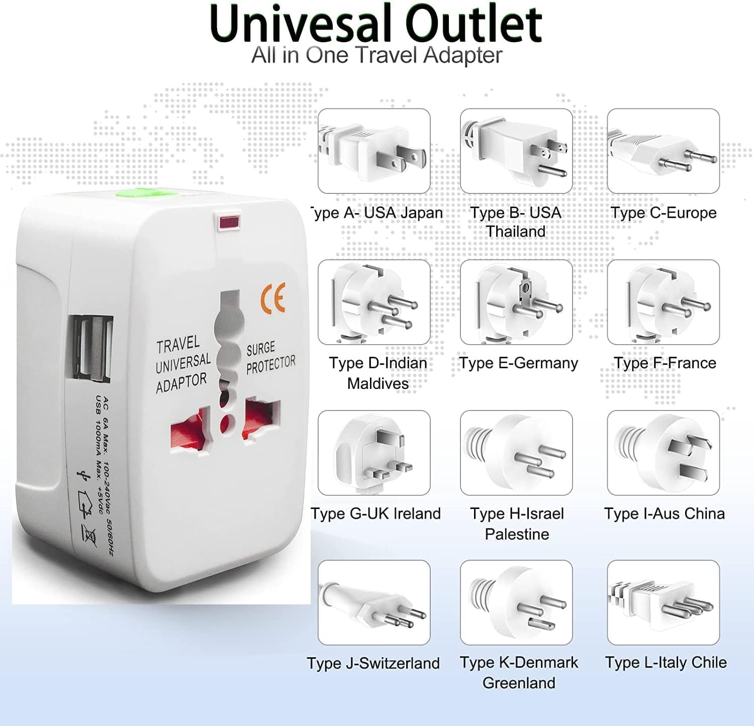 Universal travel adapter with plug types for various countries on a white background