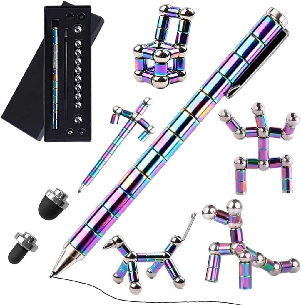 Rainbow fidget magnetic pen, vibrant and modular, with colorful magnetic segments and functional pen tip.