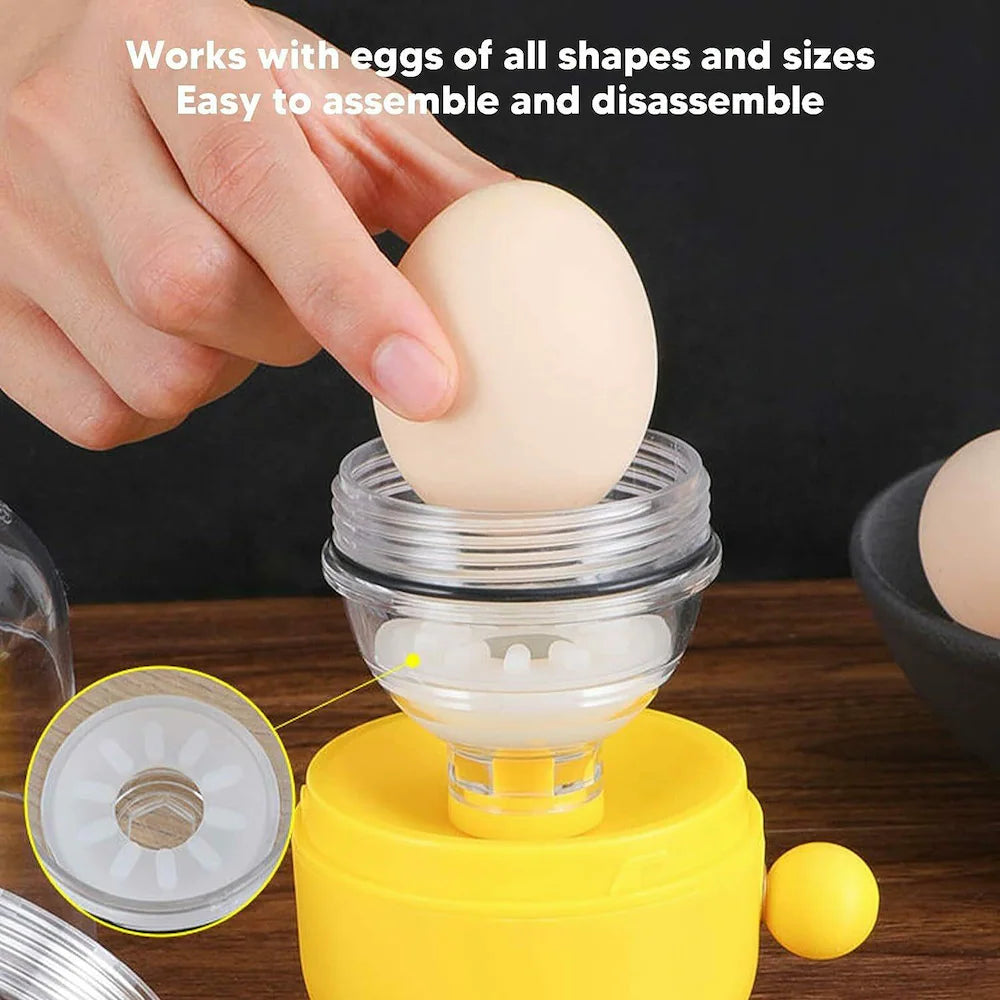 Yellow egg separator with a hand placing an egg on top, set against a dark background.