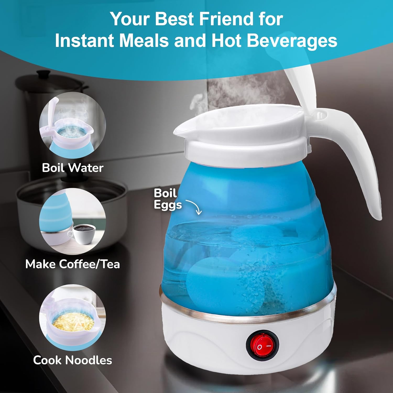 Multifunctional electric kettle with blue water container on a dark surface
