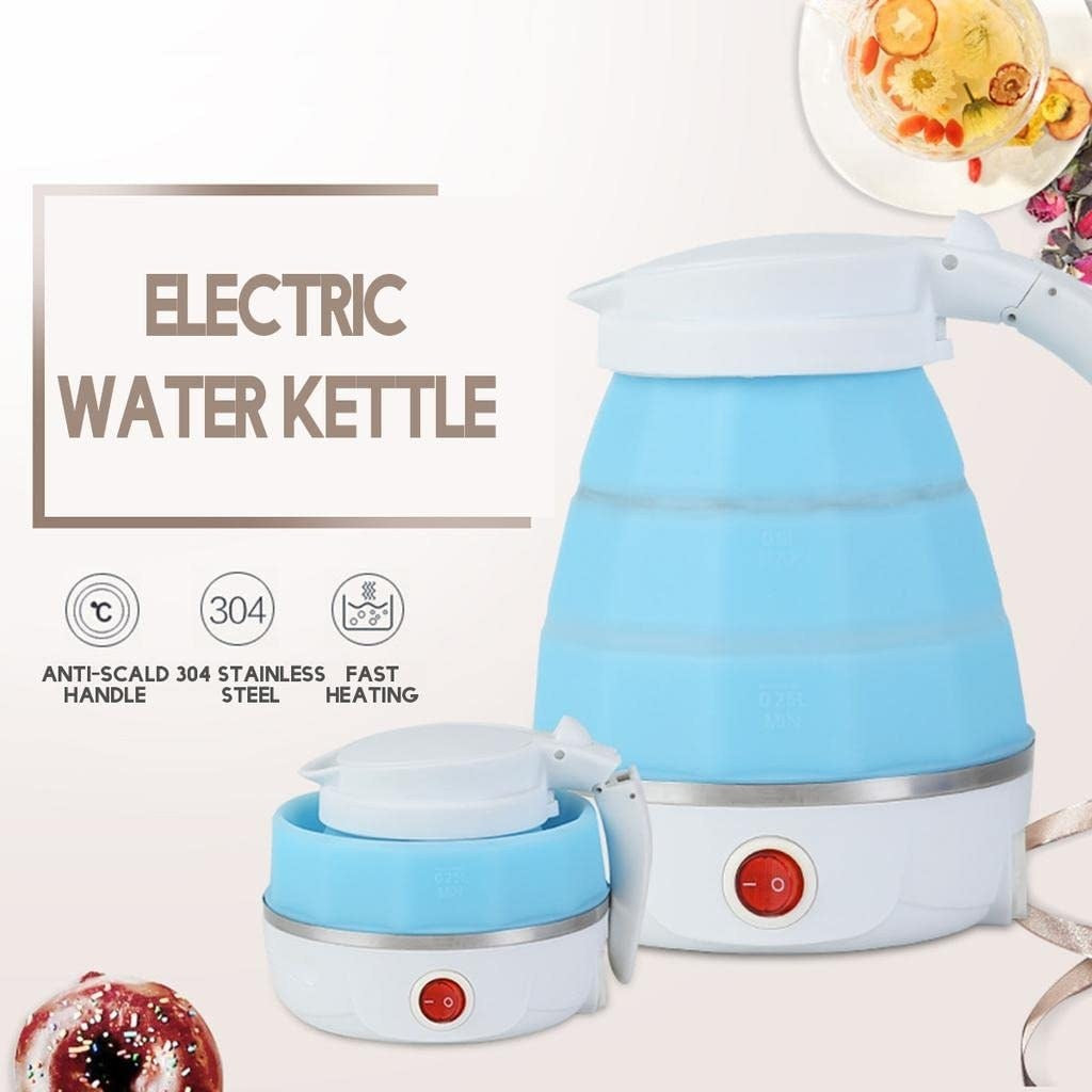 Blue electric water kettle with text on a white background