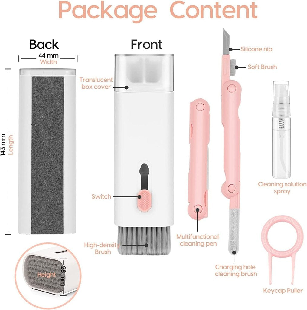 Diagram of package content with labeled items and dimensions