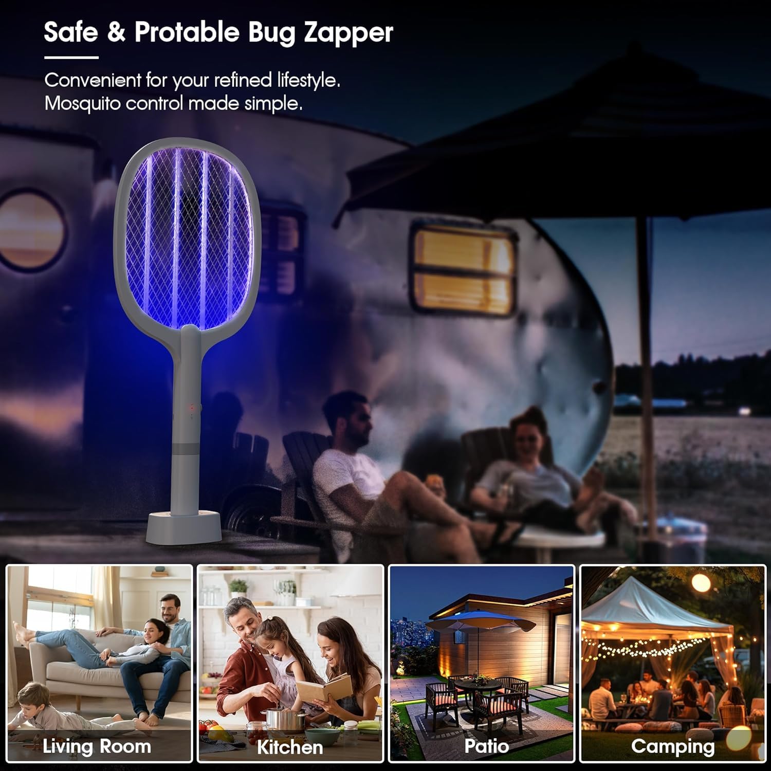 Bug zapper with text 'Safe & Portable Bug Zapper' and lifestyle images of people using it in various settings.
