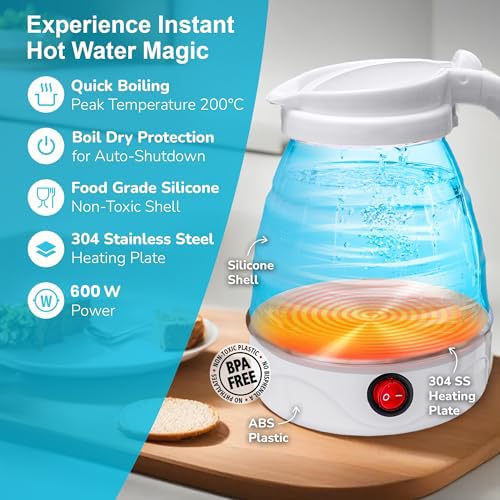 Hot water kettle with features listed on a blue background