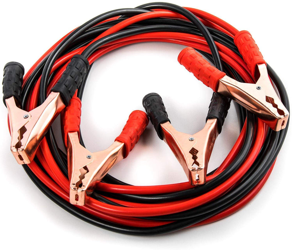 500AMP heavy-duty booster cables, red and black, with robust clamps for jump starting car batteries.