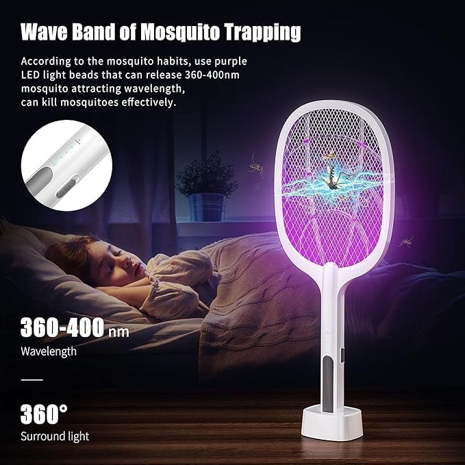 Mosquito racket with purple LED lights on a dark background, showing its effectiveness in mosquito trapping.