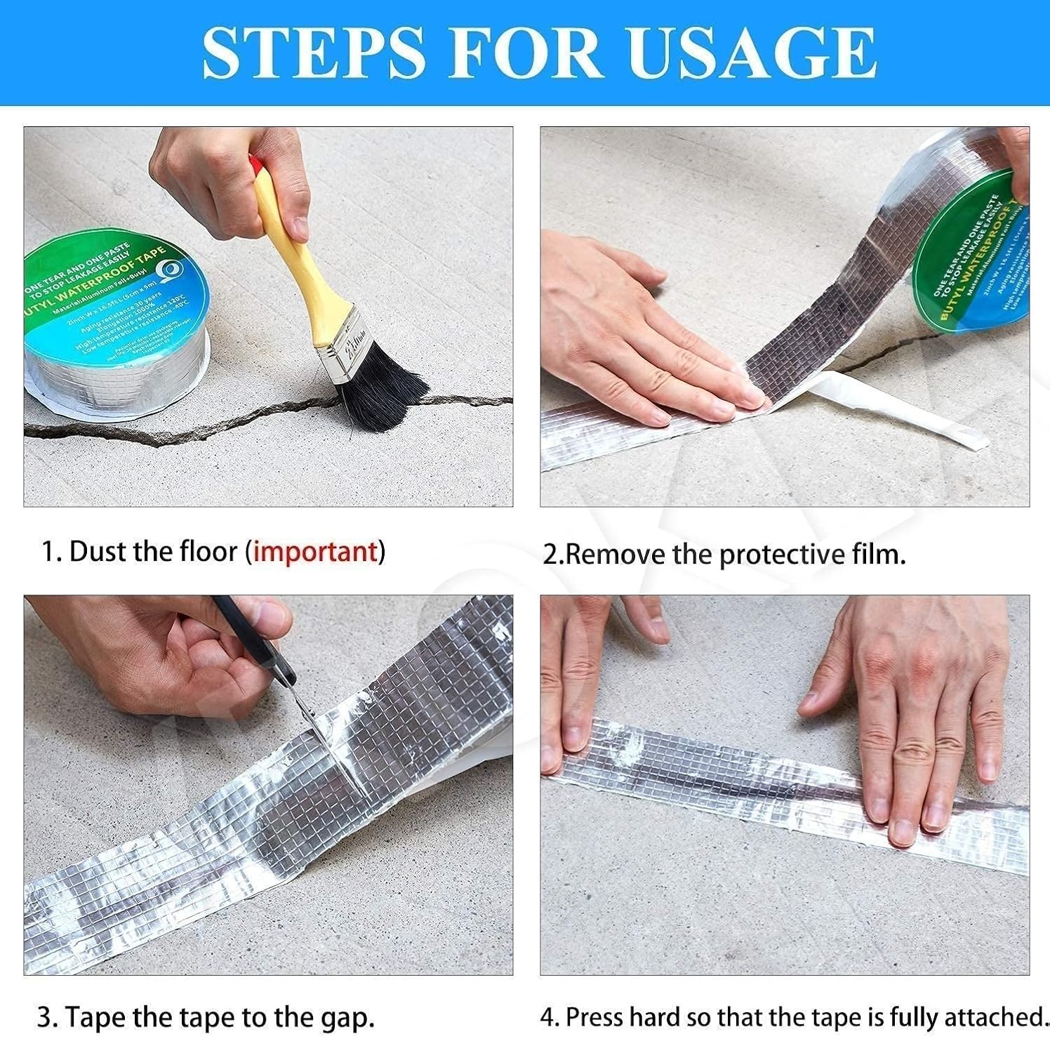 Steps for using a floor repair tape with text instructions.