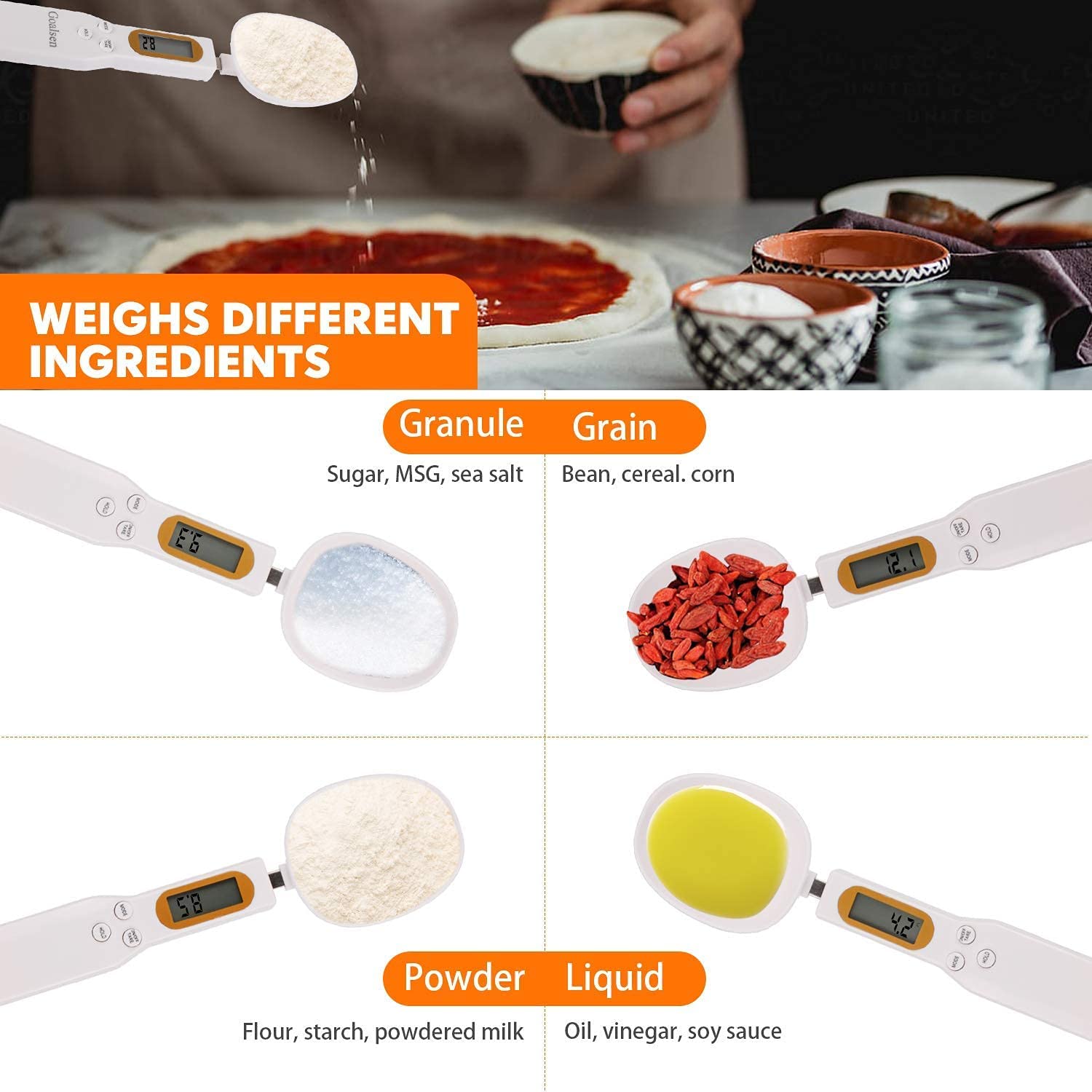 Digital kitchen scale measuring different types of ingredients including granule, grain, powder, and liquid.