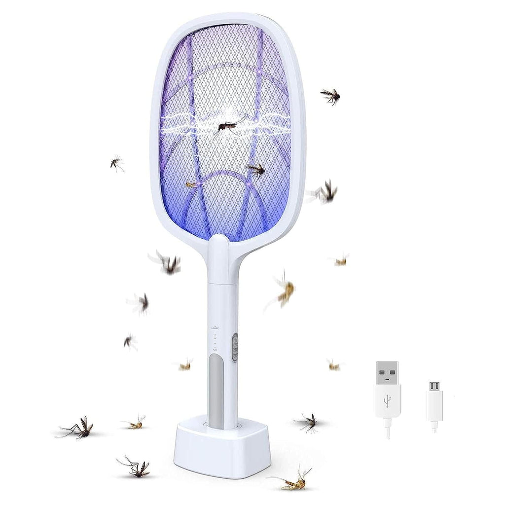 The rechargeable bug zapper racket shown with its USB charging cable and base
