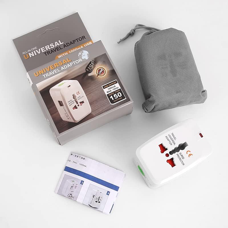 Universal travel adapter with packaging, adapter, and carrying case on a white background