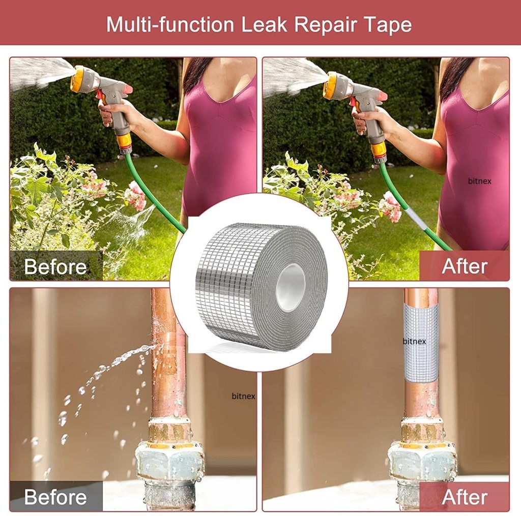 Multi-function leak repair tape shown before and after use on a garden hose and pipe.
