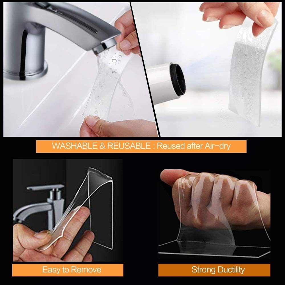 Collage of a washable and reusable screen being used with a faucet and hands holding it.