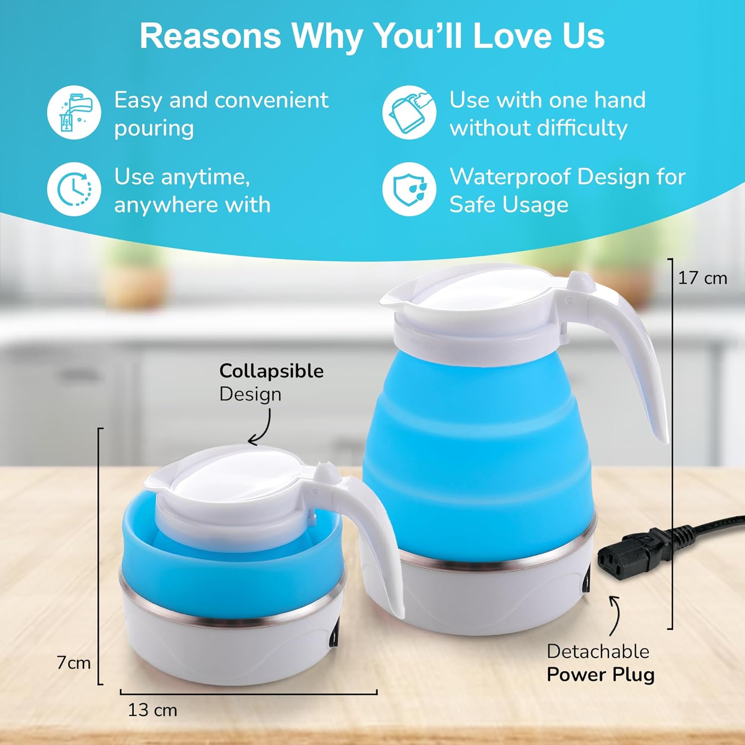 Collapsible blue and white electric kettle with features listed on a blurred kitchen background