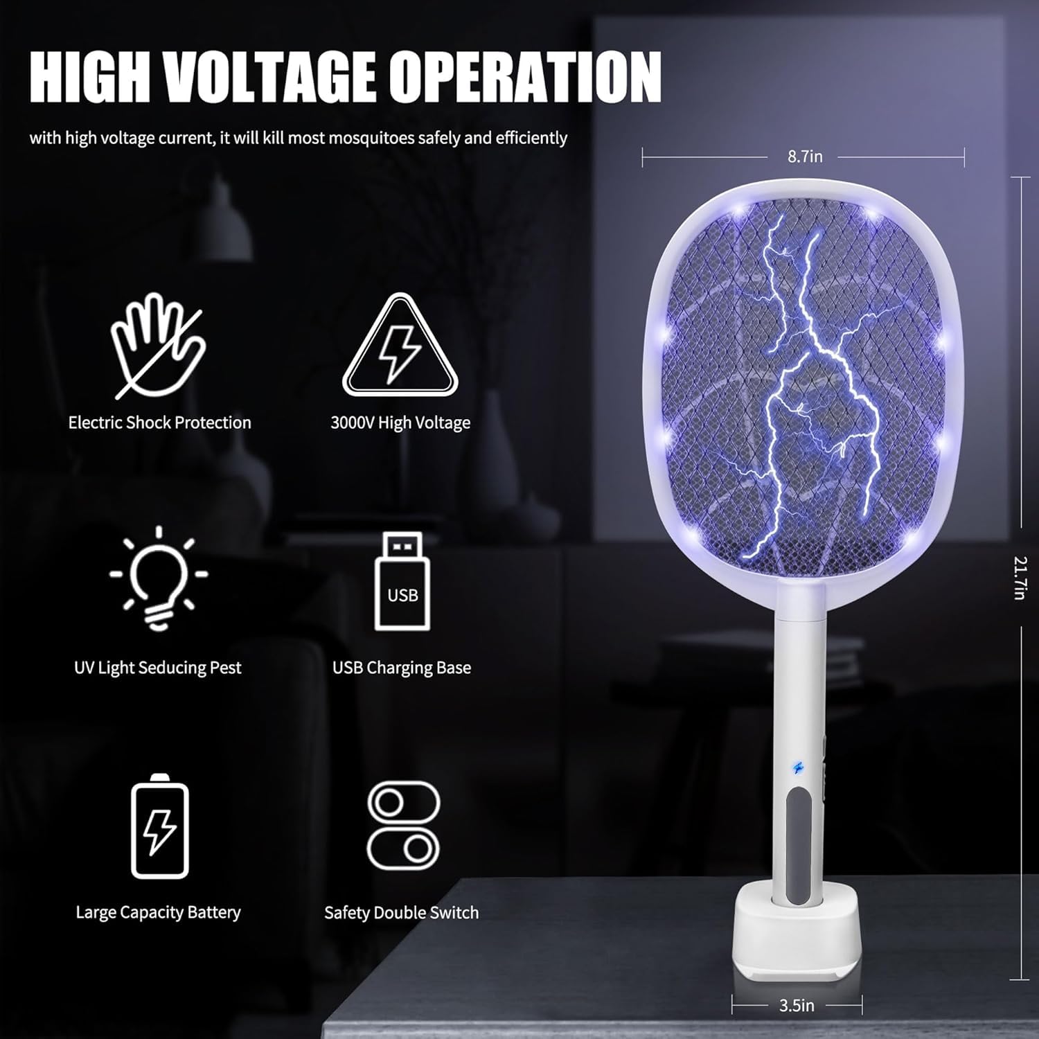 Mosquito racket with high voltage operation features on a dark background