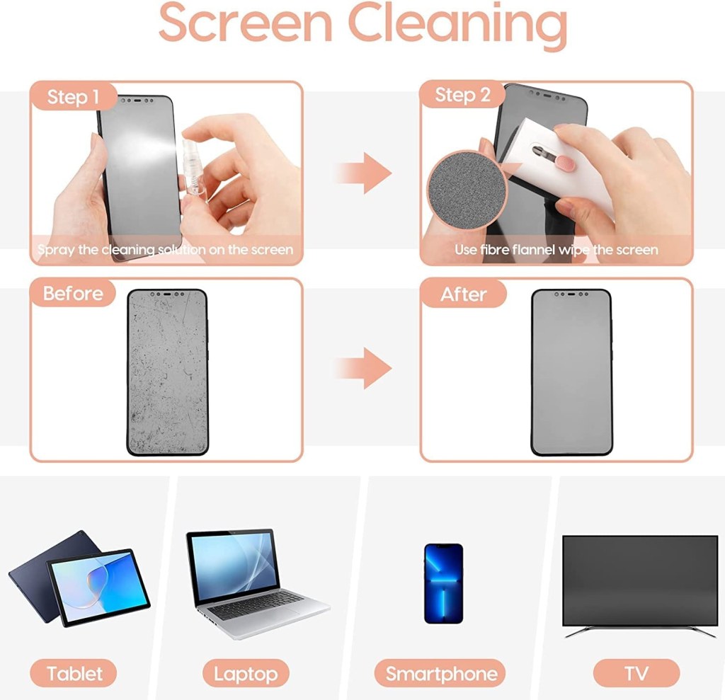 Step-by-step guide on screen cleaning with a smartphone example, showing before and after effects on various devices.