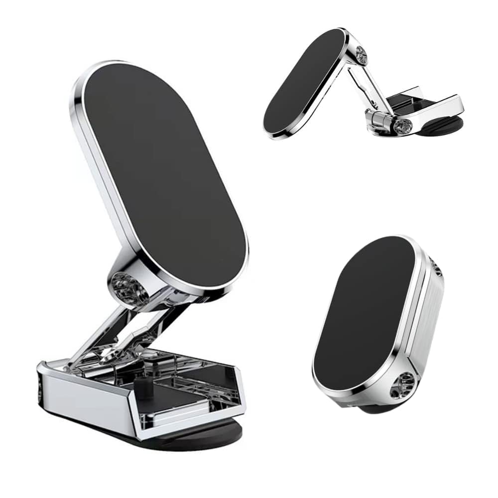 Sleek round metallic magnetic car phone holder for dashboard mounting.