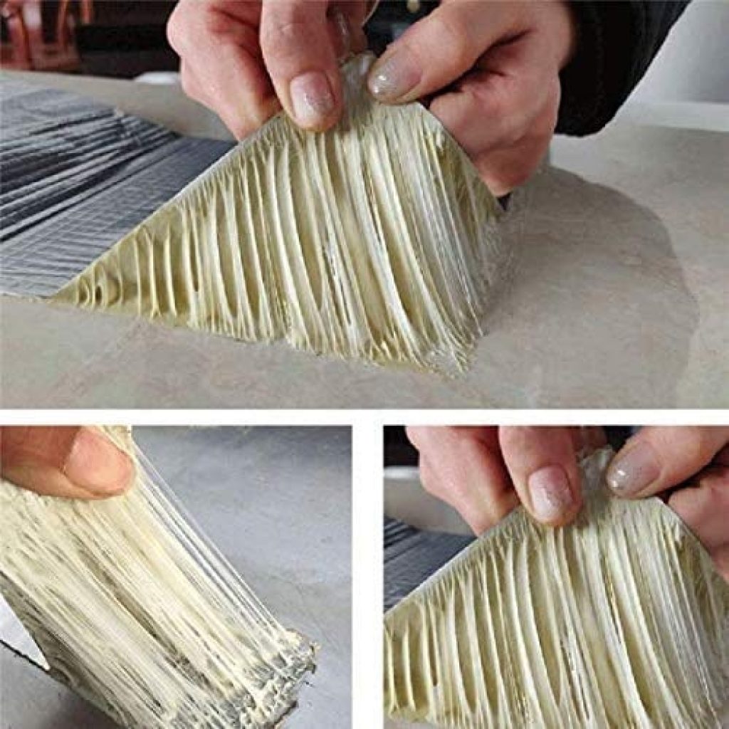 Collage of hands cutting a piece of dough into thin strips on a white surface.