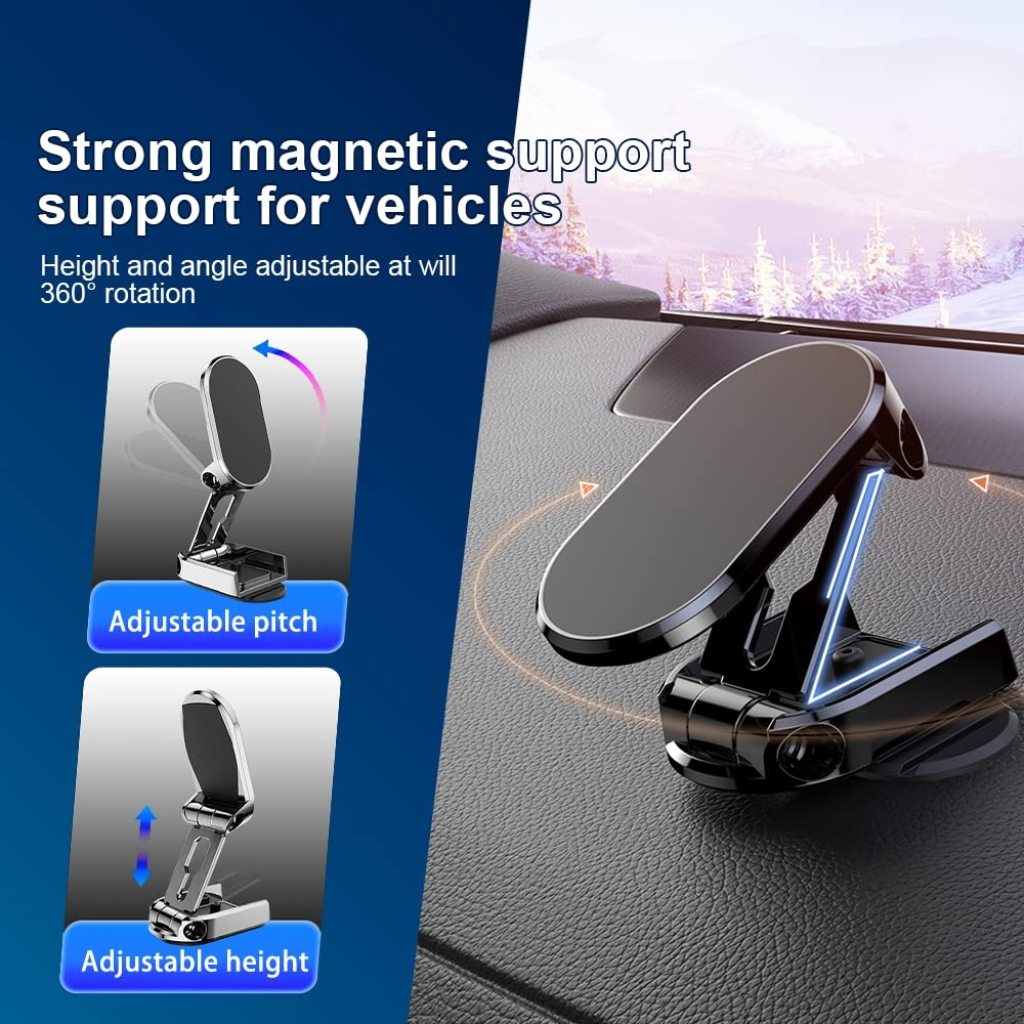 Car phone holder with adjustable pitch and height on a vehicle dashboard, featuring text about its features.