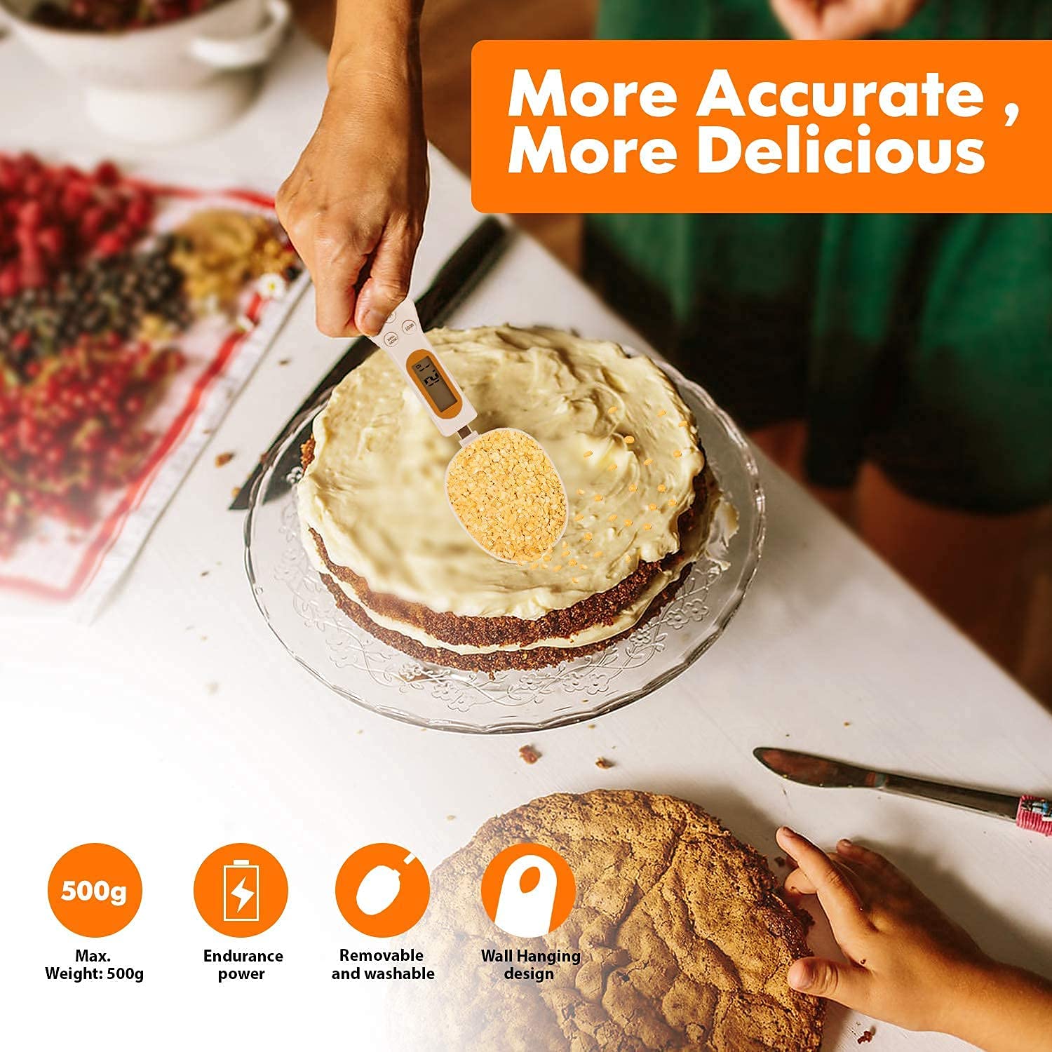 Person using a digital thermometer on a cake with text 'More Accurate, More Delicious' and product features listed.
