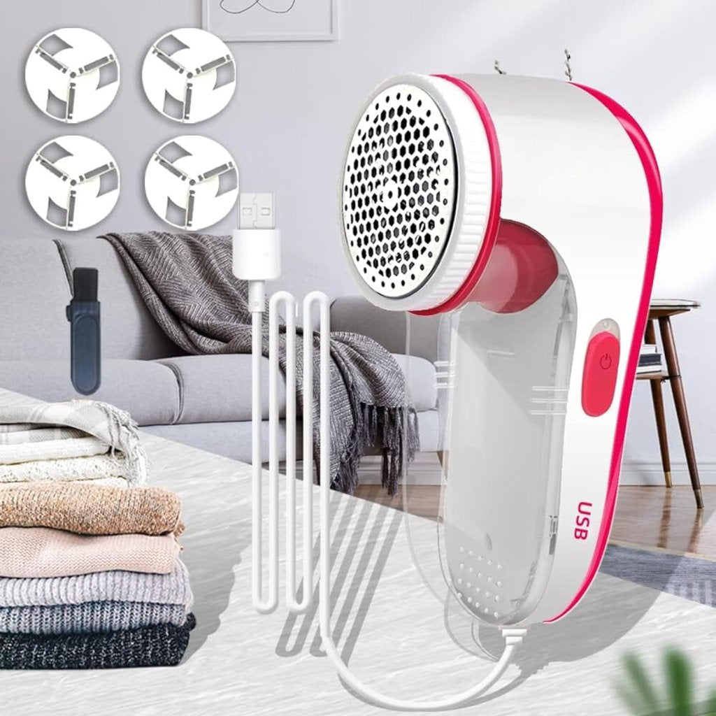 Portable white USB Lint Remover, ergonomic design, shown in hand.