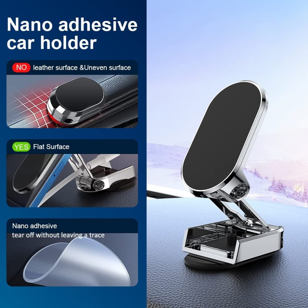 Nano adhesive car holder with features on a blue background