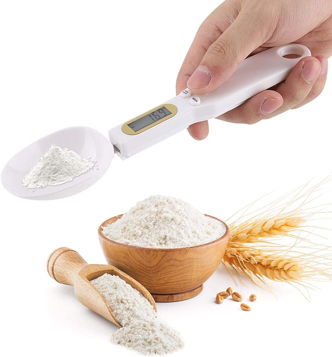 Digital measuring spoon with flour, wooden scoop, and wheat on a white background