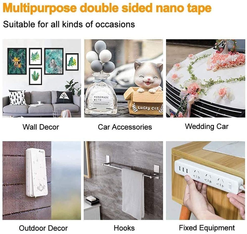 Multipurpose double-sided nano tape with various application examples on a white background.