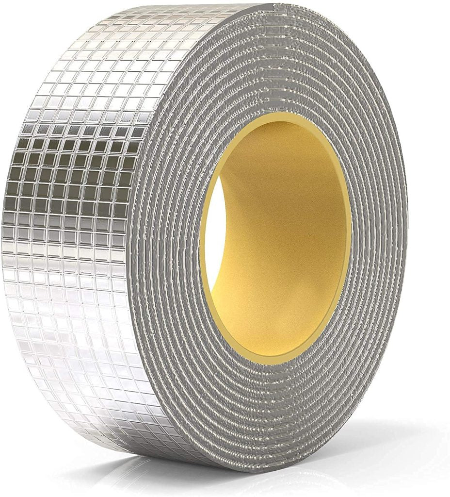 Roll of silver mesh tape with a yellow center on a white background