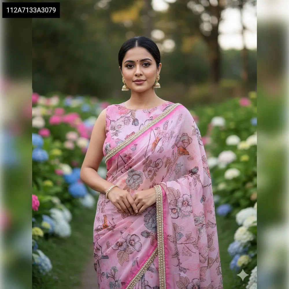 Floral Digital Print Glass Tissue Saree for Women
