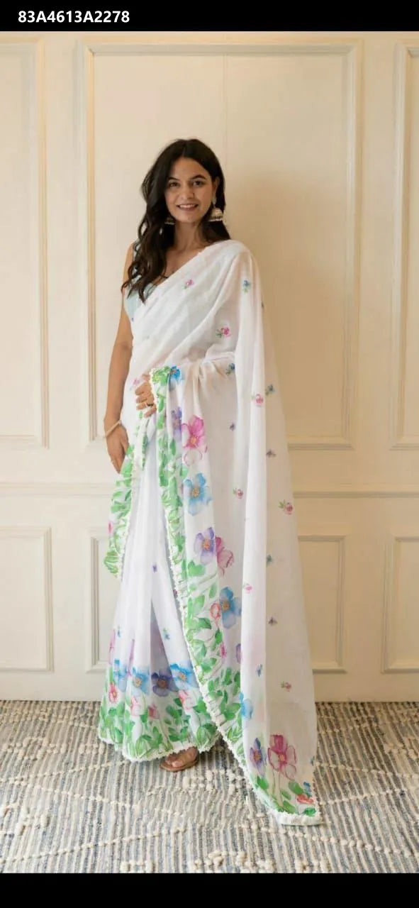 Woman in Watercolor Floral Digital Print Linen Saree, full body shot, TRENDBUY