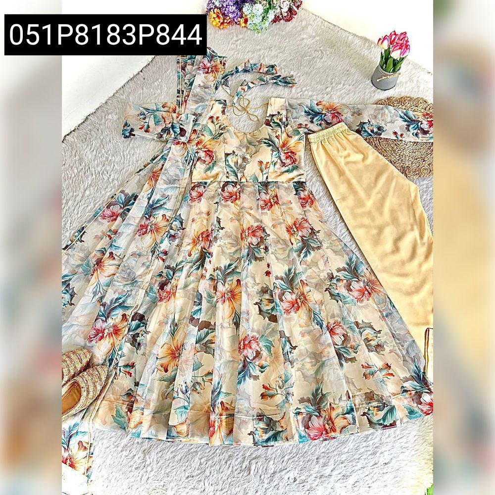 Elegant Multi-Floral Digital Print Organza Gown for Women with Dupatta and Pant
