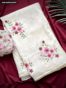 Floral Embroidered Crushed Saree for Women - Cream with Pink Floral | Festive & Ethnic Wear Online