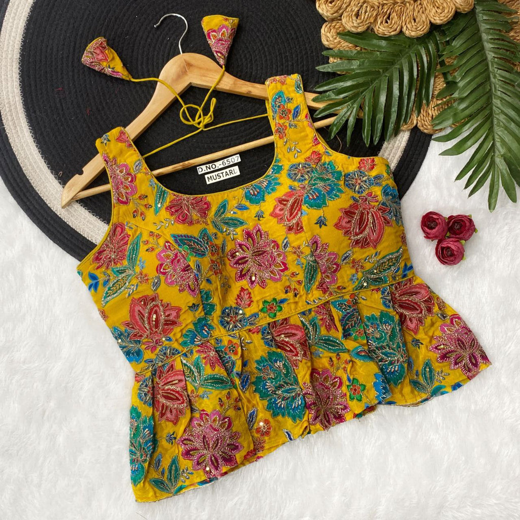 TRENDBUY Yellow Floral Embroidered Peplum Blouse for Women