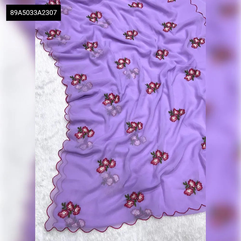 TRENDBUY Lavender Georgette saree with floral embroidery and Aarco border