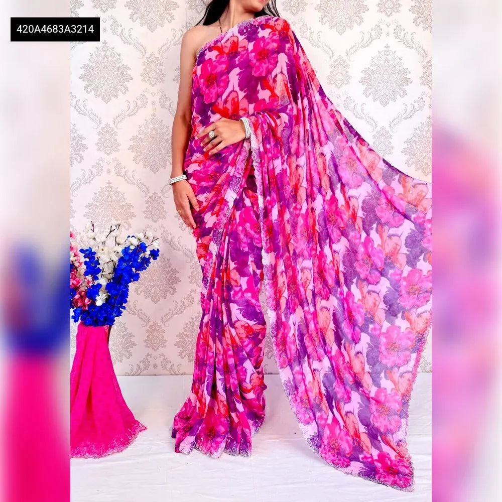 TRENDBUY Floral Georgette Saree in Pink with Shiroski work, worn by a model in a front-facing pose.